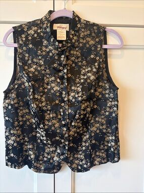 Worthington Black Sleeveless Mandarin Collar Floral Blouse